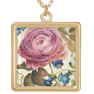 Pink Rose in Full Bloom Gold Plated Necklace