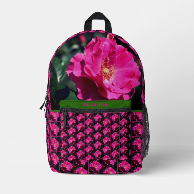 Pink Rose In Full Bloom Personalized Printed Backpack (Front)