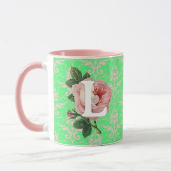 Pink Rose Initial Vintage Green Pattern Mug by Pretty_Vintage at Zazzle