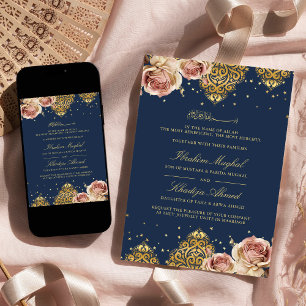 Pink Rose Islamic Motif Navy Blue Muslim Wedding Invitation
