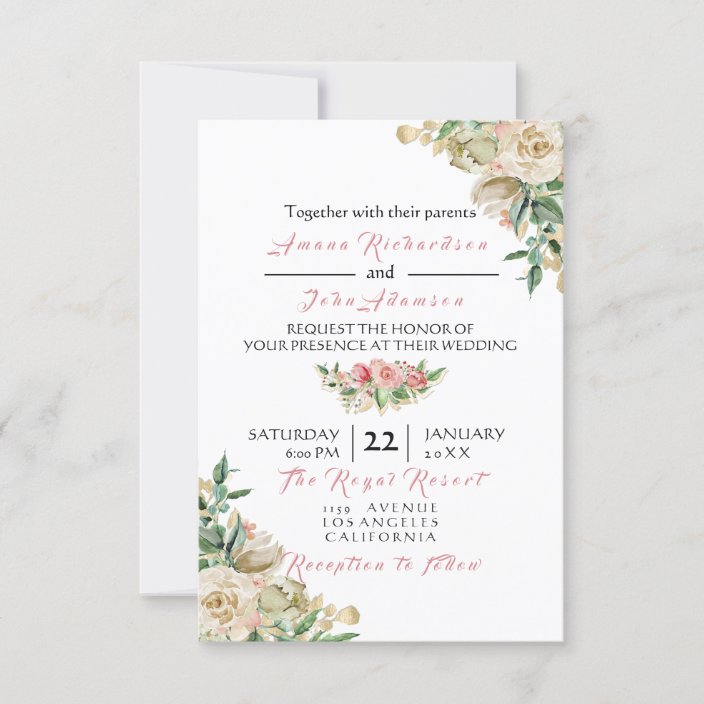 Pink Rose Ivory Creamy Gold Floral Roses Wedding Invitation | Zazzle.com