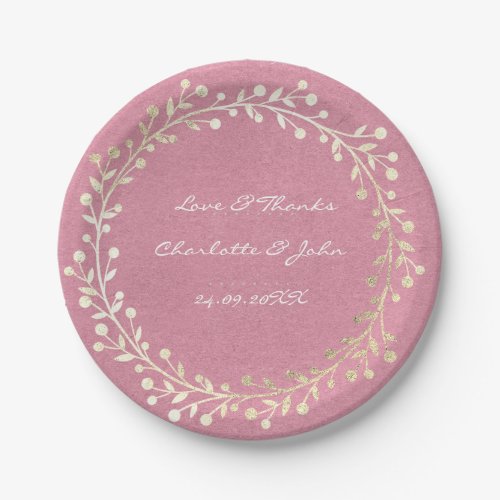 Pink Rose Kraft Foxier Gold Wreath Garland Paper Plates