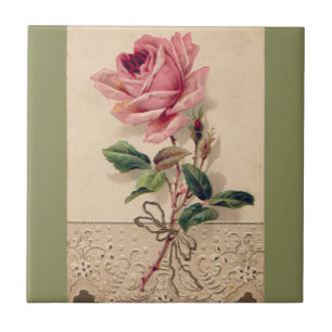 Pink Rose & Lace Floral Romance Vintage Ceramic Tile