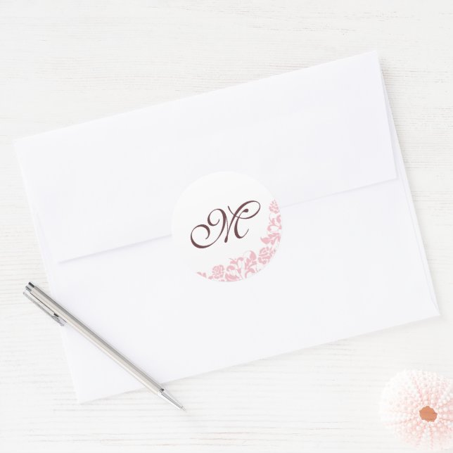 Pink Rose Lace Initial Script Monogram Classic Round Sticker (Envelope)
