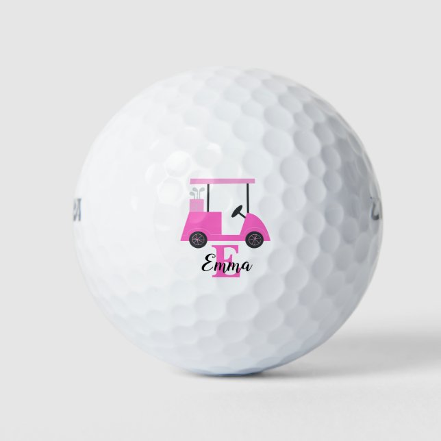 Pink Rose Lady Golf Cart Monogram Name Golf Balls  (Front)