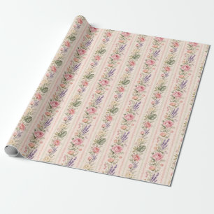 Pink Rose Lavender Floral Stripe Gift Wrapping Paper
