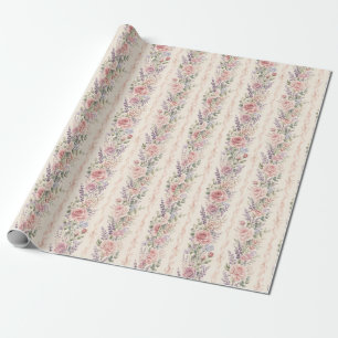 Pink Rose Lavender Floral Stripe Watercolor Gift Wrapping Paper