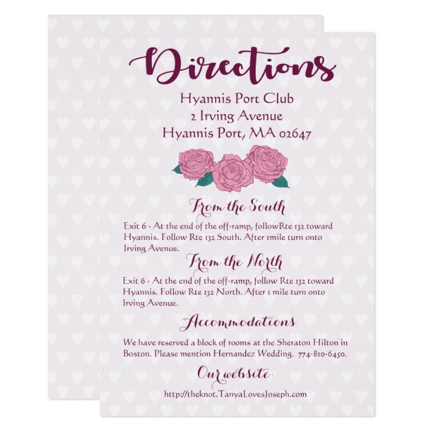 Pink Rose Lavender Purple Heart Directions Wedding Card