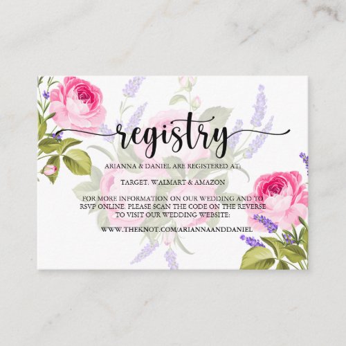Pink Rose  Lavender Wedding Registry Website Enclosure Card