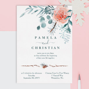 Pink Rose, Light Green Winter Leaves Wedding Foil Invitation