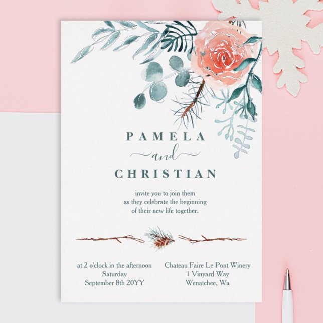 Pink Rose, Light Green Winter Leaves Wedding Foil Invitation (eucalyptus green watercolor winter pink rose pinecones silver foil wedding invitations)
