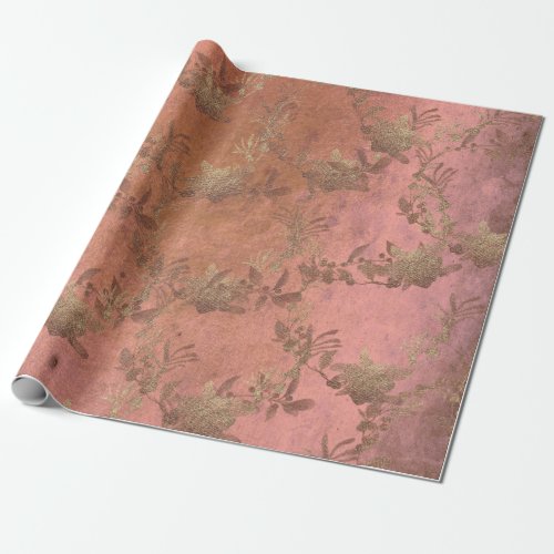 Pink Rose Lilac Grungy Old Gold Wreath Metallic Wrapping Paper