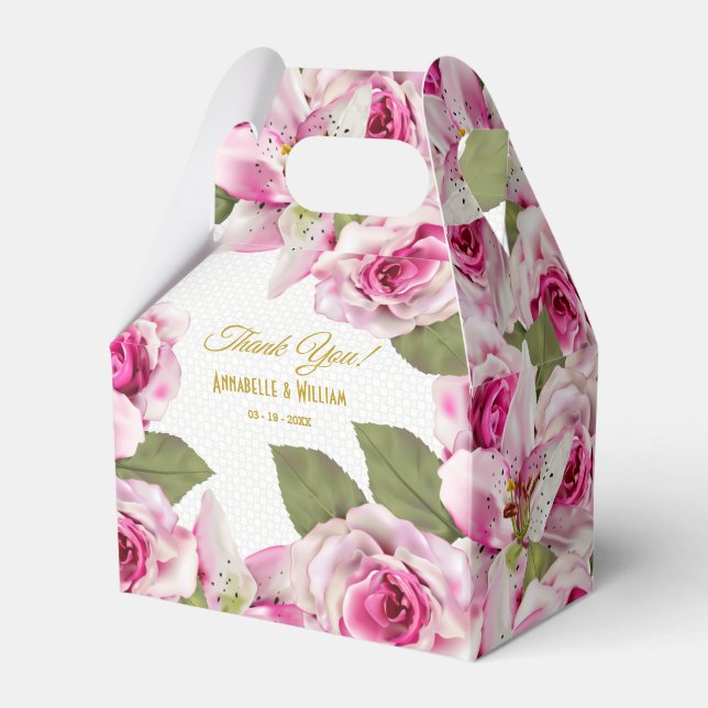 Pink Rose Lily Pearl Wedding Favor Boxes (Front Side)