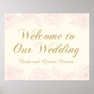 Pink Rose Line Art Ivory Wedding Welcome Poster