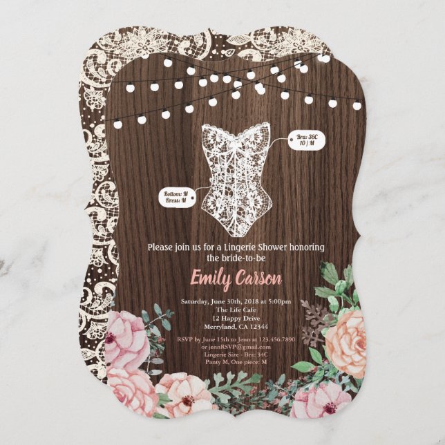 Pink Rose lingerie shower invitation rustic wood (Front/Back)