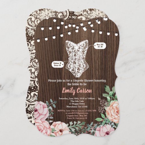 Pink Rose lingerie shower invitation rustic wood