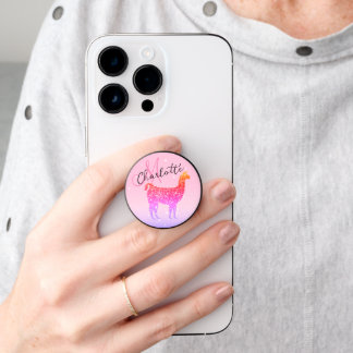 Pink rose llama sparkles glitters Monogram PopSocket
