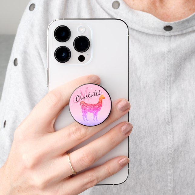 Pink rose llama sparkles glitters Monogram PopSocket (Hand)