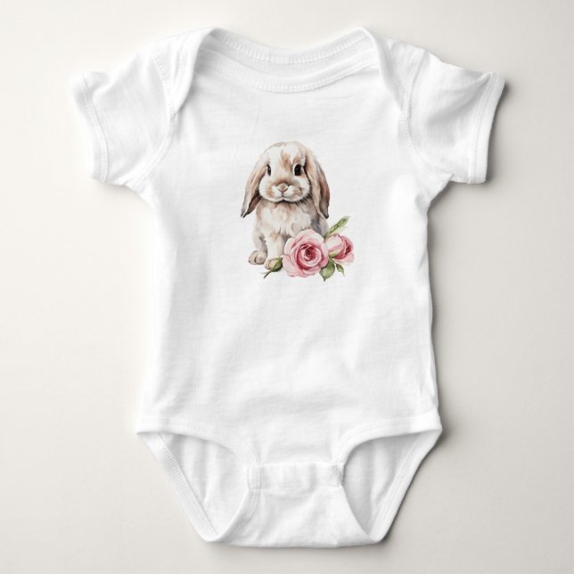 Pink Rose Lop Eared Bunny Baby Bodysuit (Front)