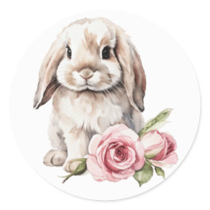 Pink rose Lop Eared Bunny Rabbit Classic Round Sticker