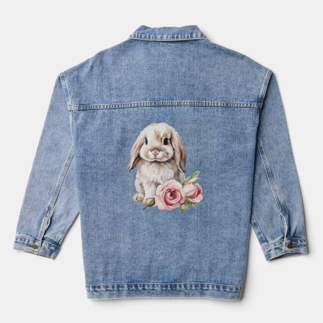 Pink rose Lop Eared Bunny Rabbit Denim Jacket (Back)