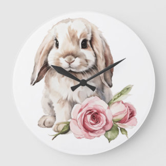 Pink rose Lop Eared Bunny Rabbit Large Clock