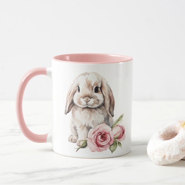 Pink Rose Lop Eared Bunny Rabbit Mug (With Donut)