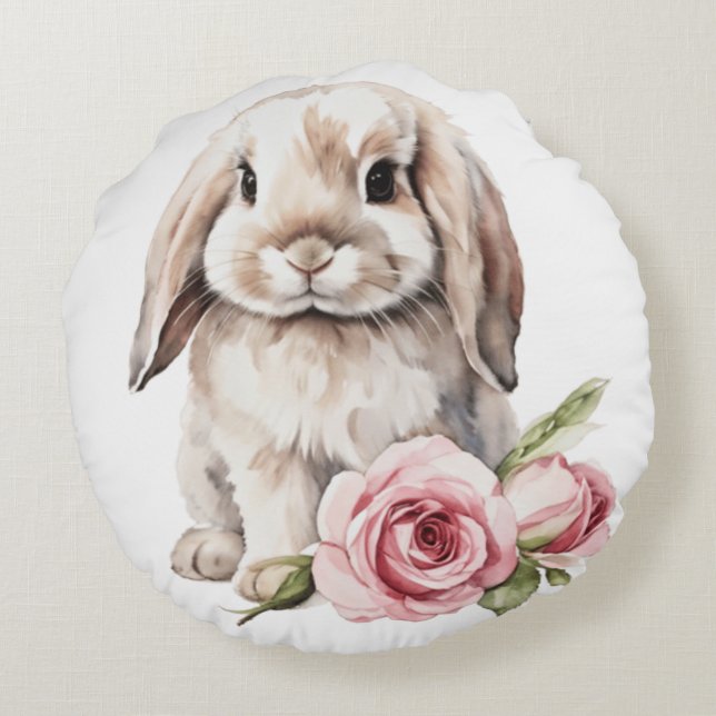 Pink rose Lop Eared Bunny Rabbit Round Pillow (Back)