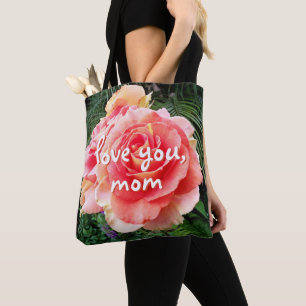 Pink Rose Love You Mom Script Flower Photo Modern Tote Bag