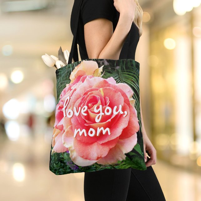 Pink Rose Love You Mom Script Flower Photo Modern Tote Bag (Creator Uploaded)