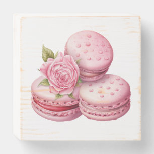 Pink Rose Macaron Wall Art Elegant Floral Dessert Wooden Box Sign