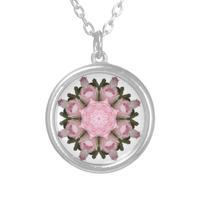 Pink Rose Mandala Silver Plated Necklace (Front)
