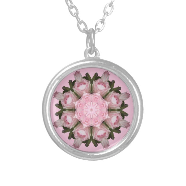 Pink Rose Mandala Silver Plated Necklace (Front)