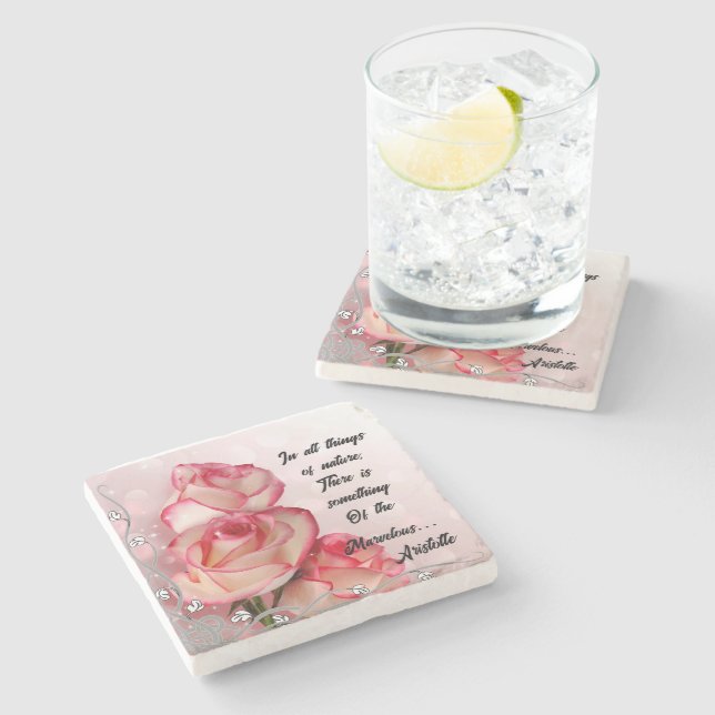 Pink Rose Marble Stone Coaster Quote Aristotle (Side)
