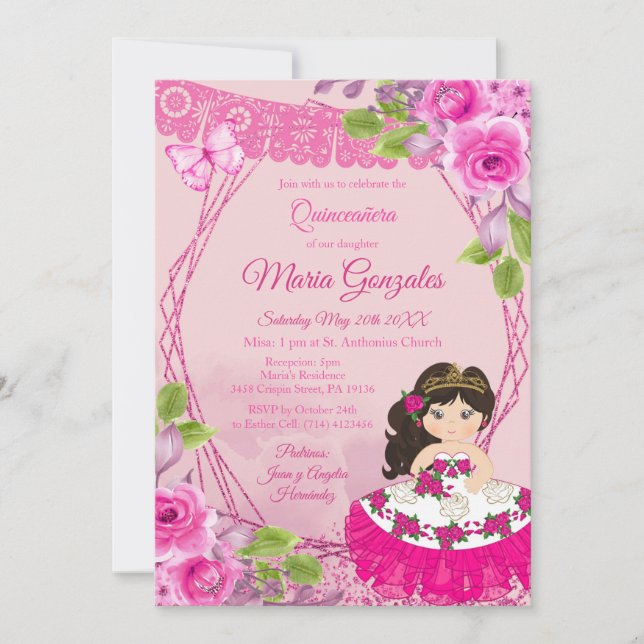 Pink Rose Mexican Charra Quinceanera Invitation (Front)