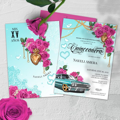 Pink Rose Milagro Heart Chola Lowrider Quinceanera Invitation