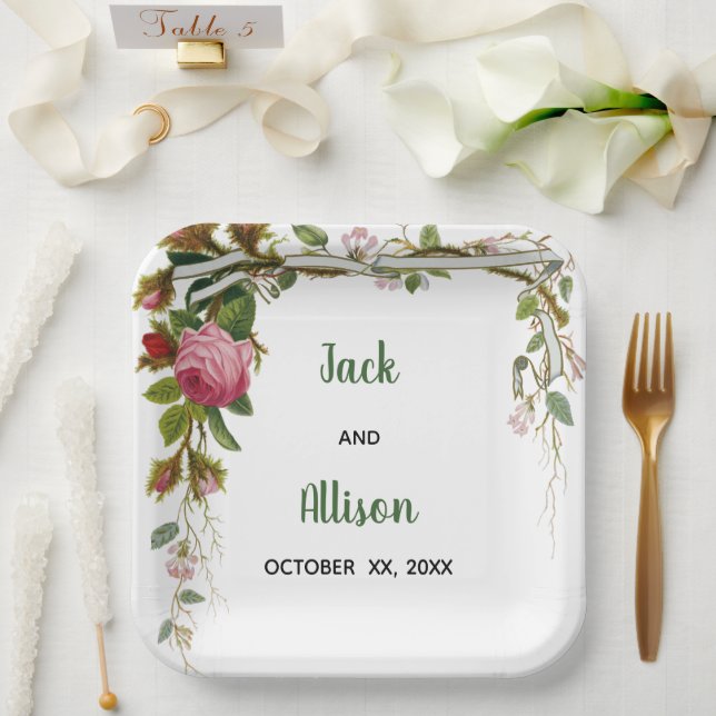 Pink Rose Minimalist Floral Green Leaf Paper Plates (Wedding)