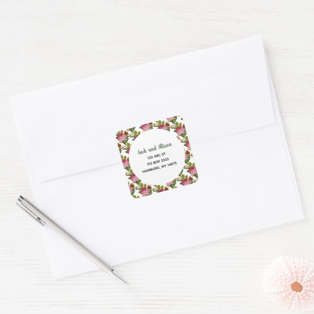 Pink Rose Minimalist Floral Green Leaf Square Sticker (Envelope)