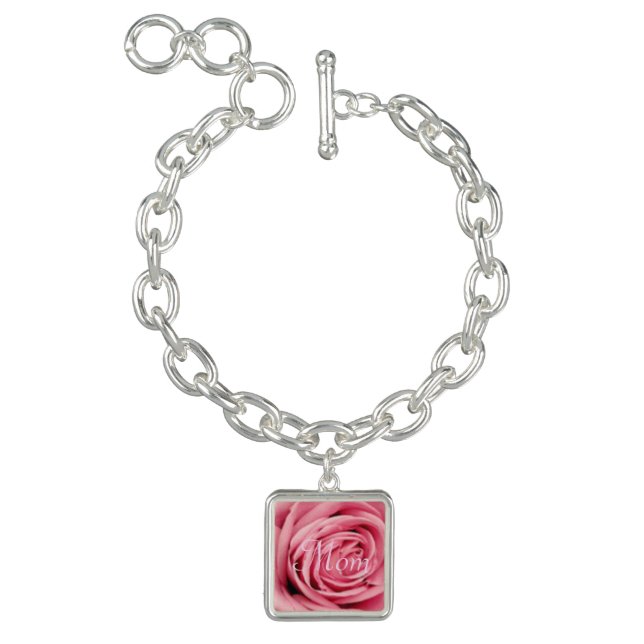 Pink Rose "Mom" Silver Square Charm Bracelet (Product)