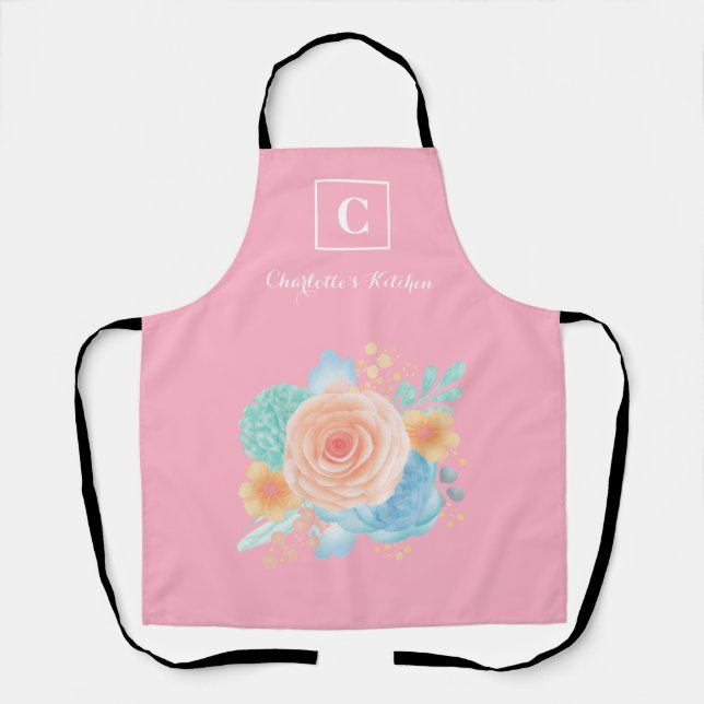 Pink Rose Monogram Girly Apron (Front)