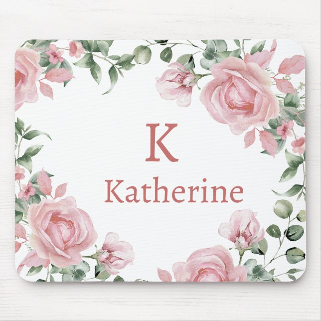 Pink Rose Monogram Name Mouse Pad (Front)