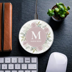 Pink Rose Monogram Personalized  Wireless Charger