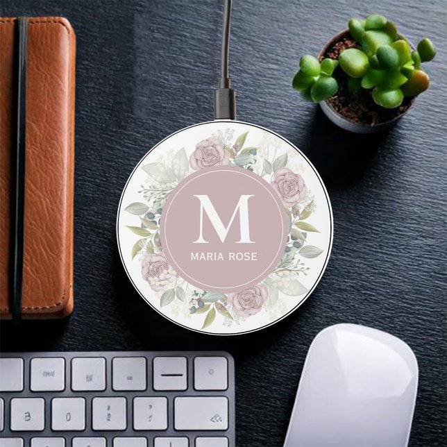 Pink Rose Monogram Personalized  Wireless Charger (Dusty rose monogram custom phone charger. )