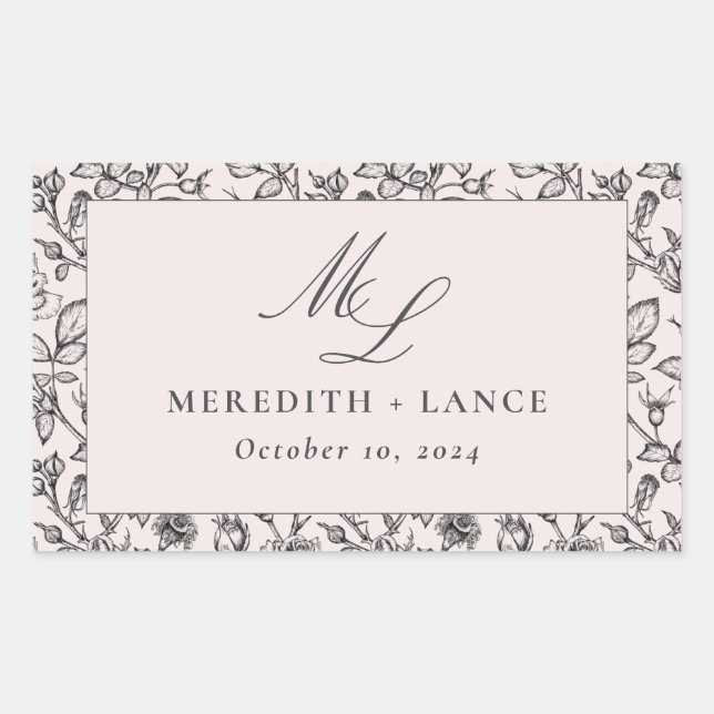 Pink Rose Monogram Wedding Sticker Labels (Front)
