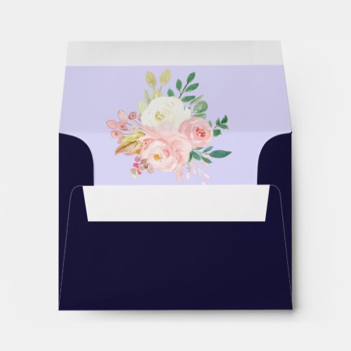 Pink Rose Navy Blue Floral RSVP Address Wedding Envelope