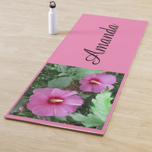 Pink Rose of Sharon Personalized Name Yoga Mat