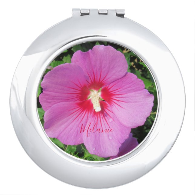 Pink Rose of Sharon Waterdrops Petals Personalized Compact Mirror (Front)