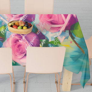 Pink Rose Oil Painting Bold Colorful Background Tablecloth