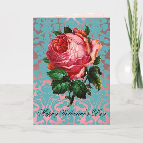 PINK ROSE ON AQUA BLUE DAMASK Valentines Day Holiday Card