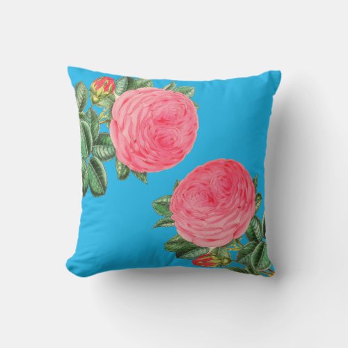 Pink Rose on Aqua Blue Home Decor  Outdoor Pillow